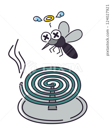 Mosquitoes bitten by mosquito coils / Summer, insect repellent, countermeasures / Vector hand-drawn line drawing illustration 124027921