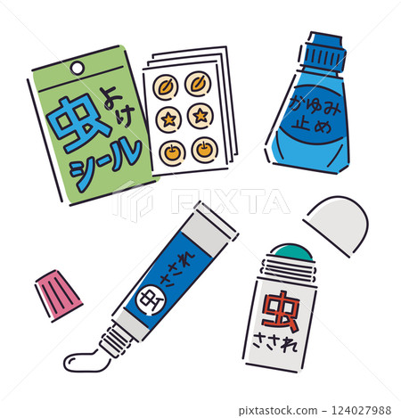 Portable insect repellent and insect bite prevention medicine, insect repellent, insect bite medicine, anti-itch medicine / Vector hand-drawn line drawing illustration 124027988