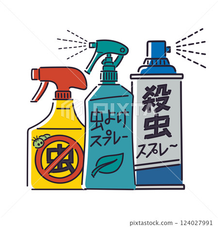 Set of insecticide spray, insect repellent spray, and insect repellent spray / Vector hand-drawn line drawing illustration 124027991