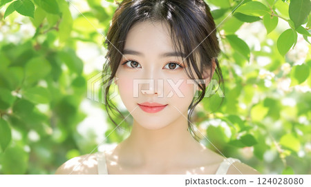 A young woman smiling with fresh green leaves in the background A young woman smiling with fresh green leaves in the background 124028080