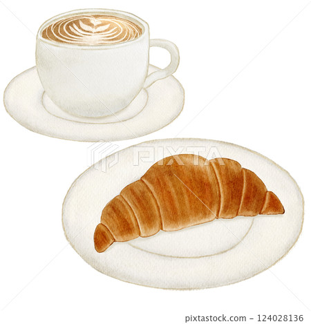 Watercolor illustration of a croissant on a plate Latte art coffee 124028136