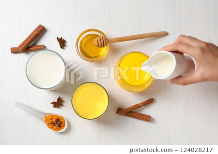 Moon milk, milk with turmeric, concept of different drinks 124028217