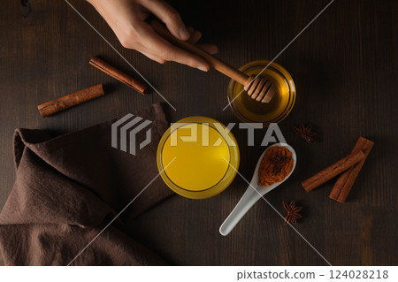Moon milk, milk with turmeric, concept of different drinks 124028218