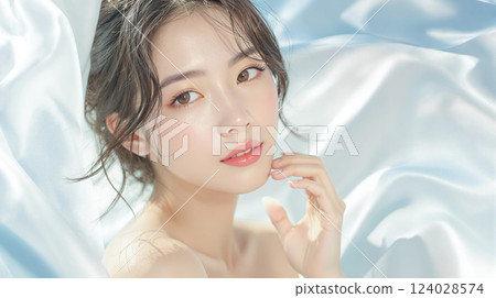 Beauty image of a beautiful young woman with soft fabric like a light blue veil 124028574