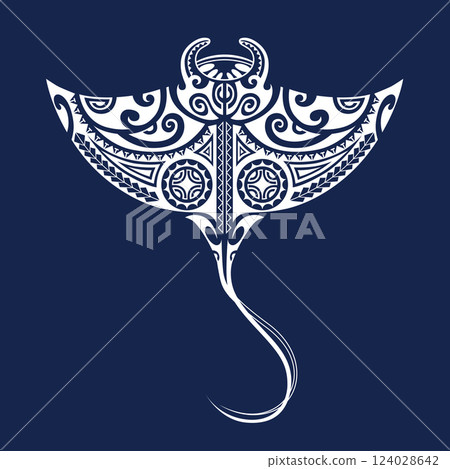 Manta ray illustration in Maori style. Ornament for divers. White on blue background. Manta ray illustration in Maori style. Ornament for divers. White on blue background. 124028642