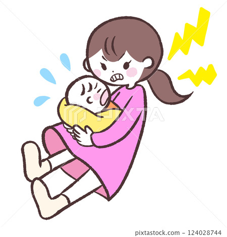 一位母親抱著哭鬧的嬰兒而感到惱火的插圖 124028744