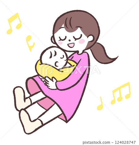 Illustration of a mother singing while holding her baby 124028747