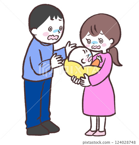 一對年輕夫婦抱著嬰兒有困難的插圖 一對年輕夫婦抱著嬰兒有困難的插圖 124028748