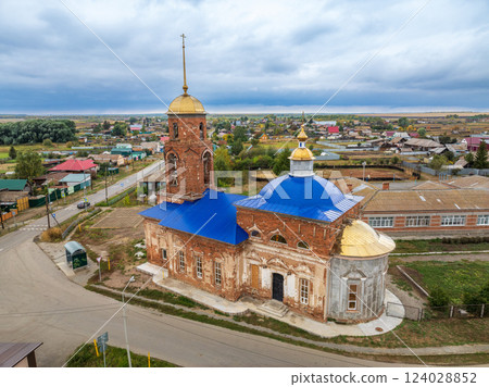 Summer aerial view oh the Temple in the village of Nekrasovo Summer aerial view oh the Temple in the village of Nekrasovo 124028852