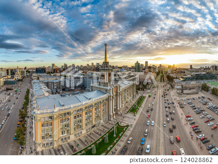 Yekaterinburg City Administration or City Hall and Central square at summer evening. Evening city in the summer sunset, Aerial View. 124028862