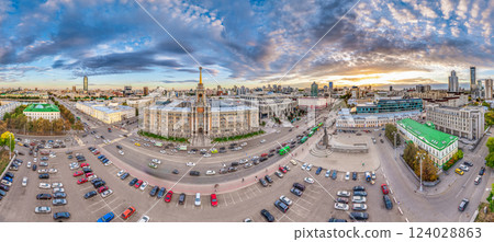Yekaterinburg City Administration or City Hall and Central square at summer evening. Evening city in the summer sunset, Aerial View. 124028863