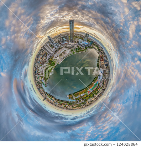Yekaterinburg city with Buildings of Regional Government and Parliament, Dramatic Theatre, Iset Tower, Yeltsin Center, Aerial View. Little planet sphere mode 124028864