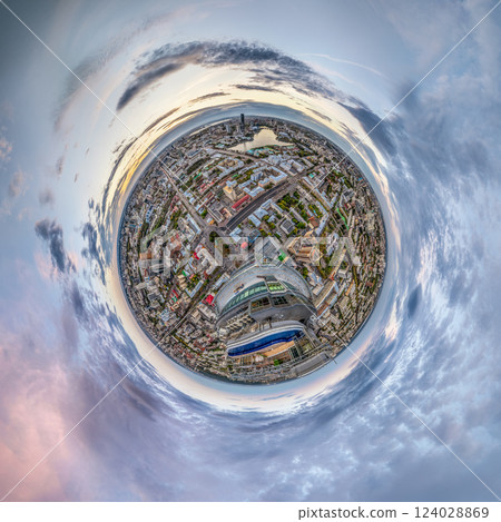 Aerial view of the Yekaterinburg city center with Vysotsky skyscraper. Beautiful landscape of a high-rise building with a rooftop pool and glass facade in Russia, Little planet sphere mode Aerial view of the Yekaterinburg city center with Vysotsky skyscraper. Beautiful landscape of a high-rise building with a rooftop pool and glass facade in Russia, Little planet sphere mode 124028869
