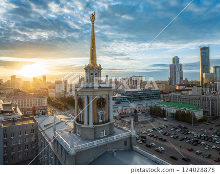 Yekaterinburg City Administration or City Hall and Central square at summer evening. Evening city in the summer sunset, Aerial View. 124028878