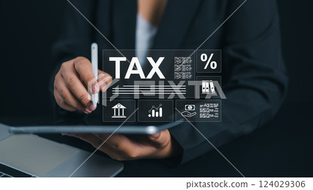 Tax documents and savings, Represent the concept of tax return preparation and financial management, Income tax, Businesswoman calculates taxes using calculator and tablet, Submit request refund tax. Tax documents and savings, Represent the concept of tax return preparation and financial management, Income tax, Businesswoman calculates taxes using calculator and tablet, Submit request refund tax. 124029306