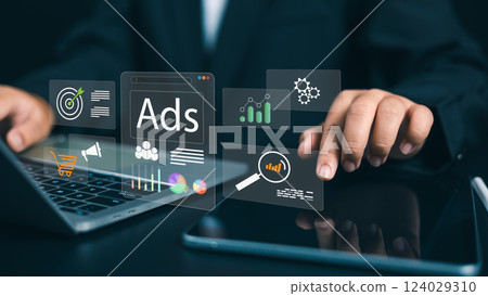 Ads, Product ads, Market, Online advertising concept Internet advertising digital marketing social media, Businesswoman using laptop with Ads dashboard digital marketing strategy analysis for branding Ads, Product ads, Market, Online advertising concept Internet advertising digital marketing social media, Businesswoman using laptop with Ads dashboard digital marketing strategy analysis for branding 124029310