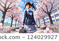 Spring in full bloom, cherry blossoms fluttering in the warm wind and Japanese high school girls 124029927