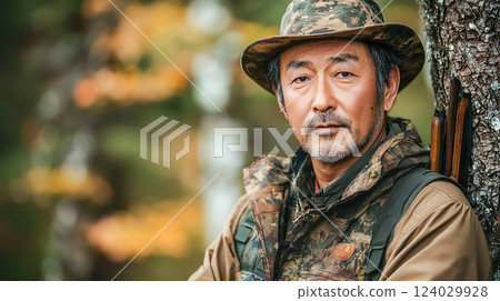 A middle-aged man wearing camouflage clothing in the image of a hunter 124029928
