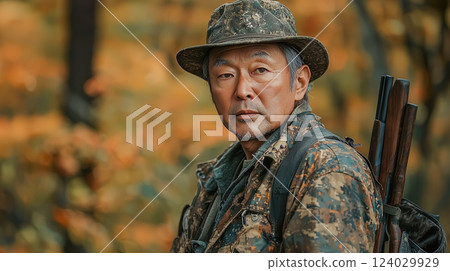 A middle-aged man wearing camouflage clothing in the image of a hunter 124029929