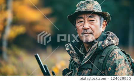 A middle-aged man wearing camouflage clothing in the image of a hunter 124029930