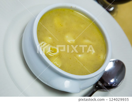 Pasta soup served in bowl Pasta soup served in bowl 124029935