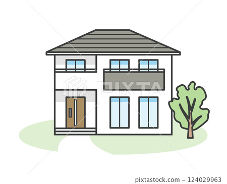 Illustration of a stylish modern Japanese detached house 124029963