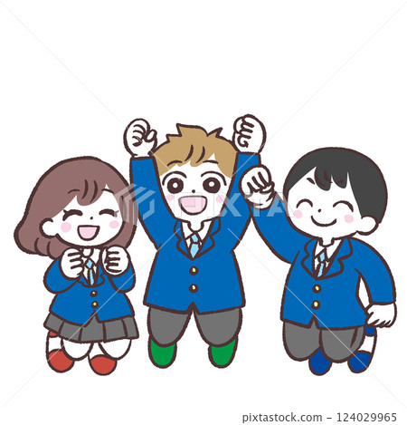 三個穿著制服的學生跳躍的插圖 三個穿著制服的學生跳躍的插圖 124029965