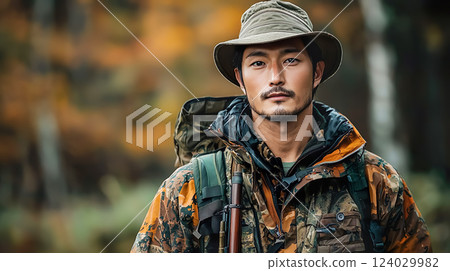 一名中年男子身穿獵人迷彩服 一名中年男子身穿獵人迷彩服 124029982