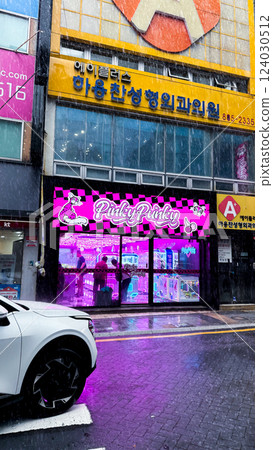 car parking lot with colorful lights 124030512