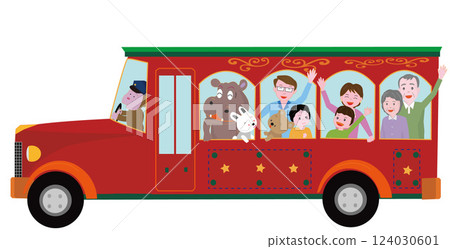 A three-generation family having fun riding a retro bus. 124030601