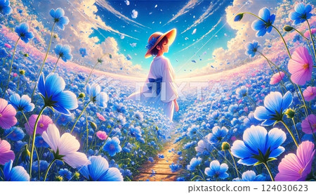 A girl taking a breath in a field of nemophila 124030623