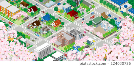 Illustration of a spring cityscape with cherry blossoms in bloom. Isometric illustration. 124030726