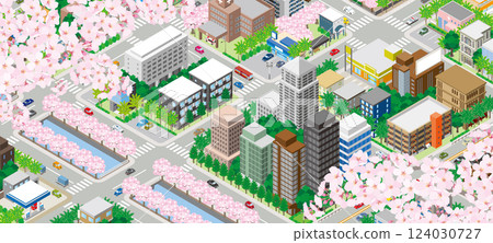 春季城市景觀插圖，櫻花盛開。 124030727