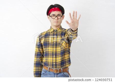 Akihabara-style male, prohibition gesture, white background 124030751