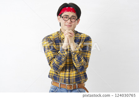 Akihabara-style man pleading, white background, looking at camera 124030765
