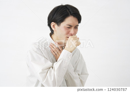 Male coughing white background Male coughing white background 124030787