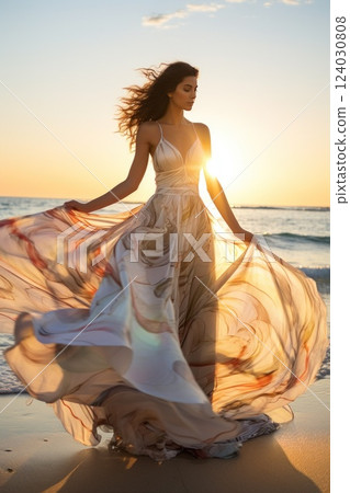 An elegant woman in a flowing dress enjoys the sunset on the beach, creating a serene silhouette 124030808
