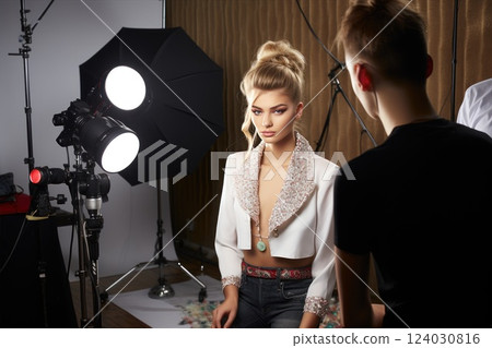 A model is being photographed in a studio, with a photographer adjusting the lighting equipment for the photoshoot. Fashion woman posing 124030816
