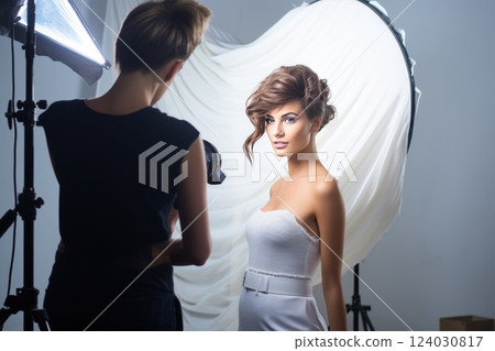 A model is being photographed in a studio, with a photographer adjusting the lighting equipment for the photoshoot. Fashion woman posing 124030817