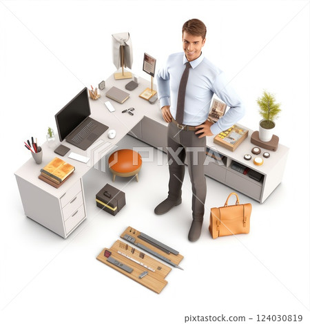 Stylized Businessman Character in an Office Setting with a modern and professional touch 124030819