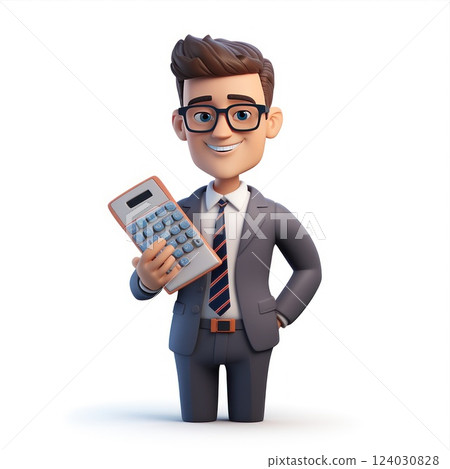 A Cheerful Accountant happily working with Calculators and important Documents. Office worker 3d toy miniature isolated on a white background. 124030828