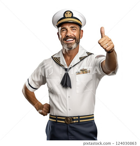 A confident and smiling ship captain giving a thumbsup gesture in a maritime uniform isolated on a white background 124030863