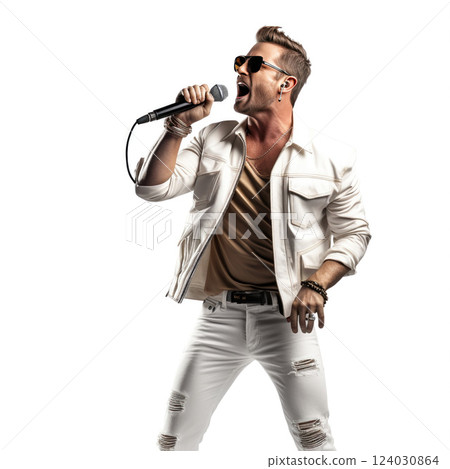 Male singer on stage in white outfit, captivating crowd with dynamic performance 124030864