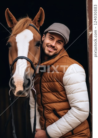 Man standing next to his horse next to the stables on a ranch smiling happily. Equestrian sport concept 124030883