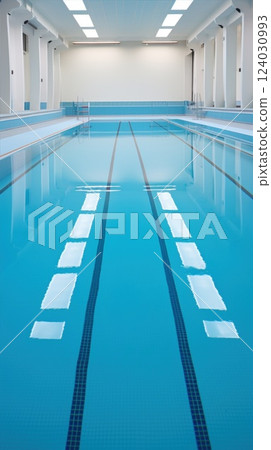 Indoort Swimming Pool with Modern Minimalist Design and Bright Lighting in fitness center 124030993