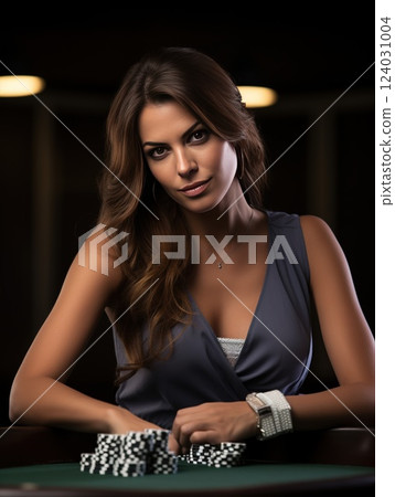 A confident woman poker player is sitting at a casino table surrounded by stacks of chips 124031004