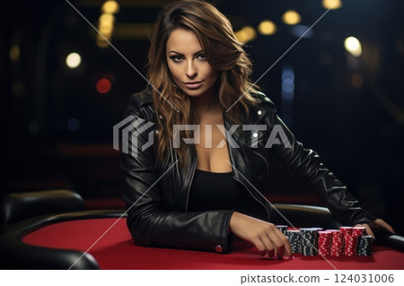A confident woman poker player is sitting at a casino table surrounded by stacks of chips 124031006