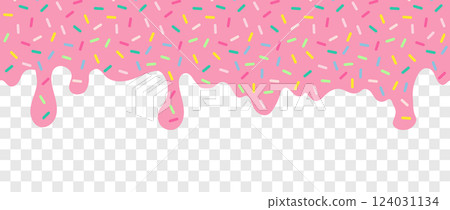 Simple Sprinkle pattern. Pink liquid with multicolor sugar sprinkles dripping on transparent background. Glaze for donut, ice cream or muffins with falling decorative candies. Vector Illustration Simple Sprinkle pattern. Pink liquid with multicolor sugar sprinkles dripping on transparent background. Glaze for donut, ice cream or muffins with falling decorative candies. Vector Illustration 124031134