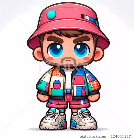 Cute Cartoon Boy Wearing a Bright Patchwork Outfit Cute Cartoon Boy Wearing a Bright Patchwork Outfit 124031137