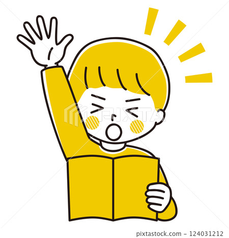 Illustration of a boy reading a book, raising his hand, smiling, appealing 124031212